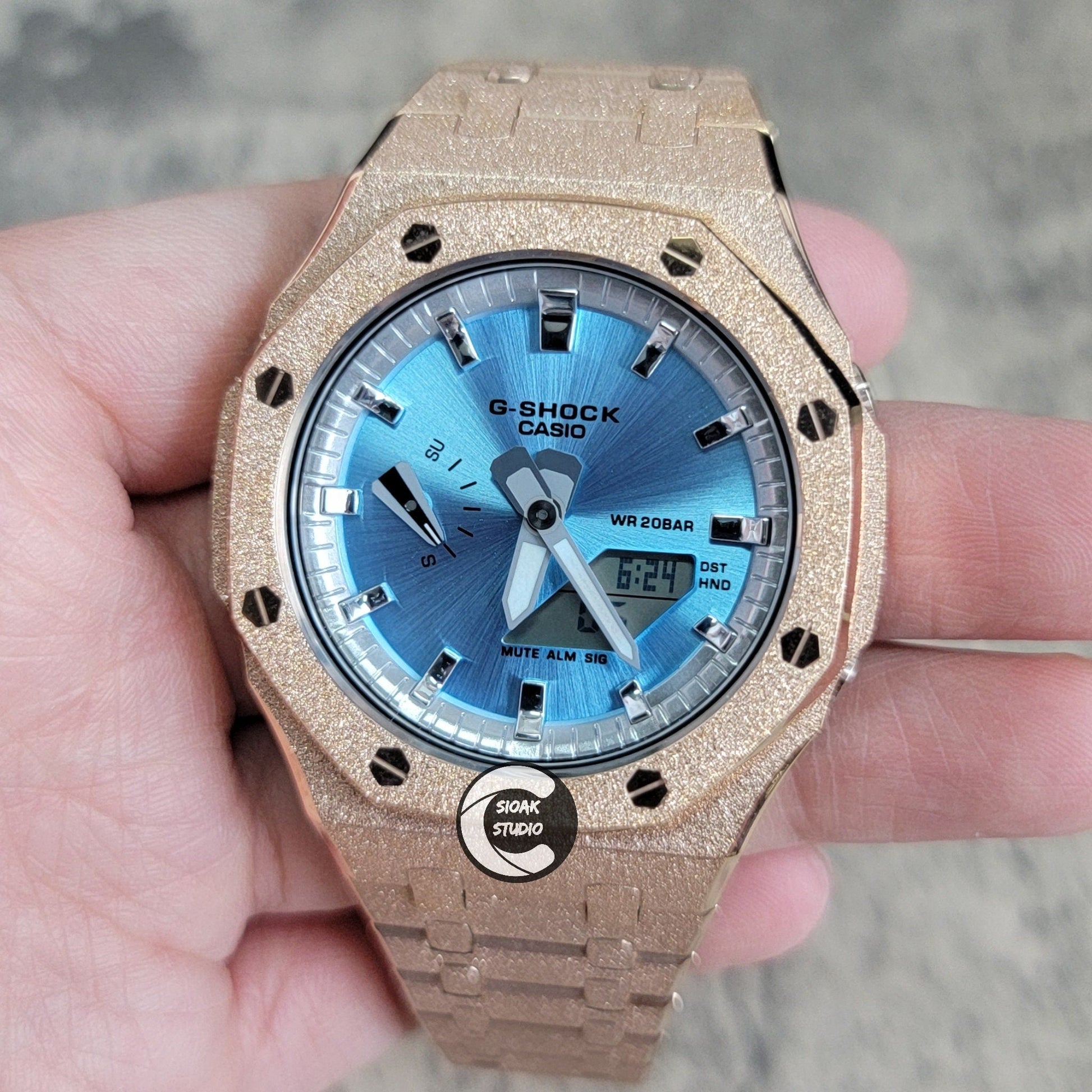 Casioak Mod Watch Frosted Rosegold Case Metal Strap Silver Time Mark Metallic Blue Dial 44mm Gift- Casioak Mod Casio G-Shock Royal Oak Custom Mens Luxury Watches Ga2100