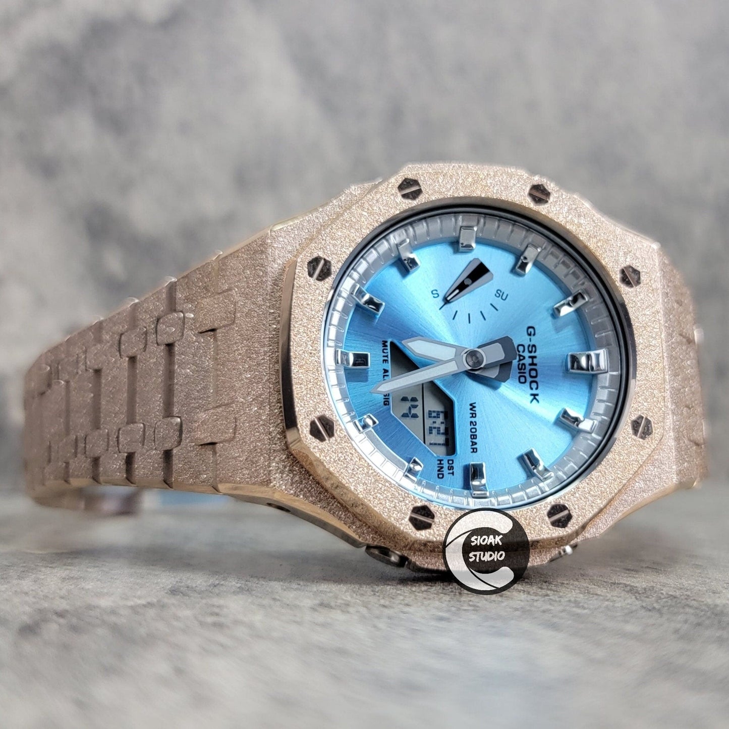 Casioak Mod Watch Frosted Rosegold Case Metal Strap Silver Time Mark Metallic Blue Dial 44mm Gift- Casioak Mod Casio G-Shock Royal Oak Custom Mens Luxury Watches Ga2100