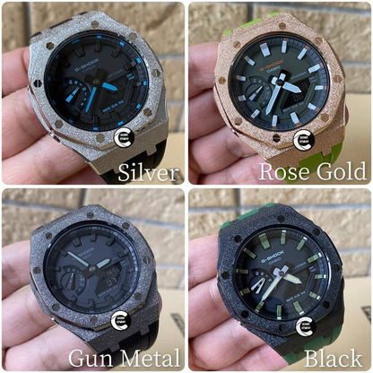 Casioak Mod Watch Frosted Rubber Strap Silver Case Black Strap Black Time Mark Dial 44mm- Casioak Mod Casio G-Shock Royal Oak Custom Mens Luxury Watches Ga2100