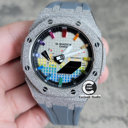 Casioak Mod Watch Frosted Silver Case Gray Strap Black Rainbow Time Mark Music Dial 44mm- Casioak Mod Casio G-Shock Royal Oak Custom Mens Luxury Watches Ga2100