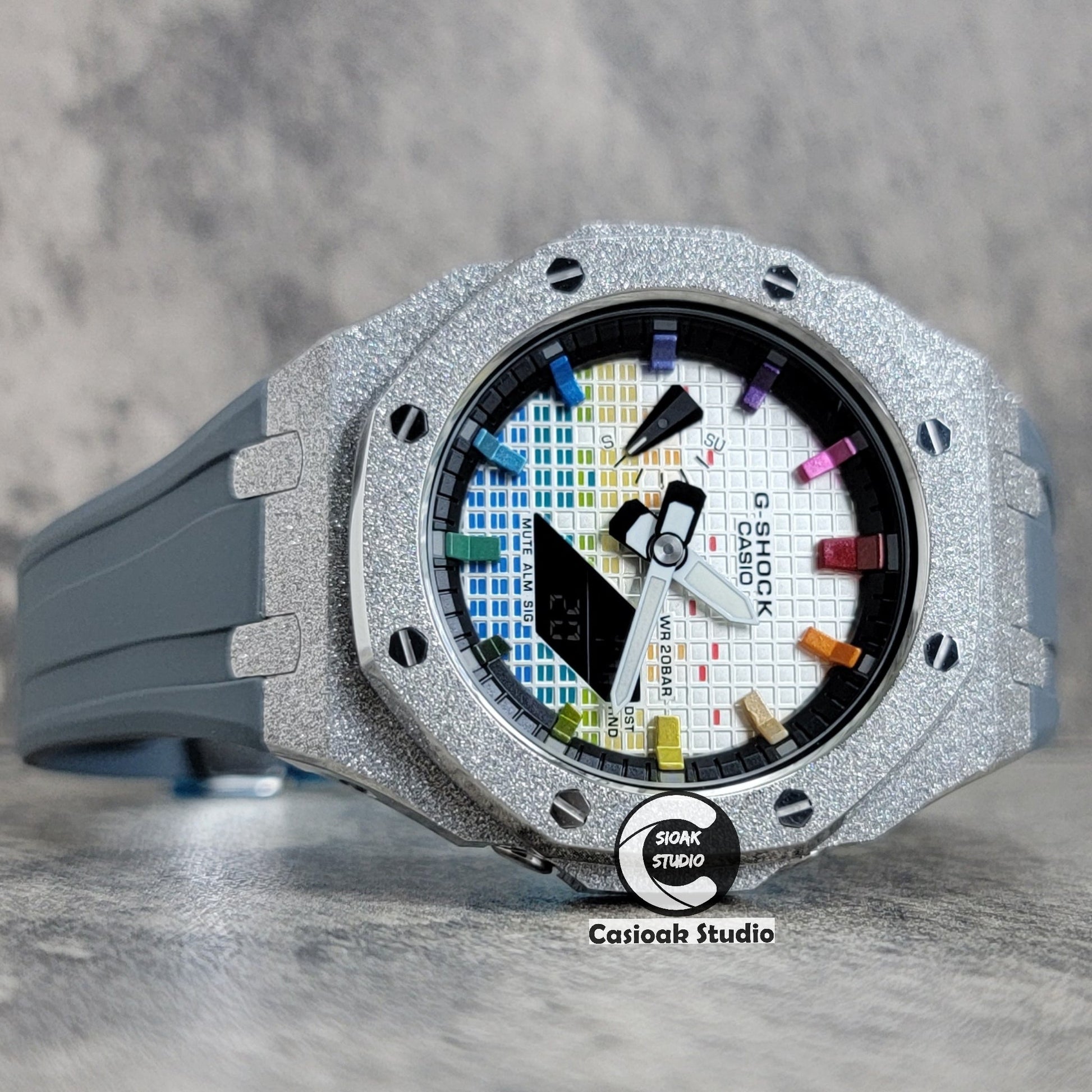 Casioak Mod Watch Frosted Silver Case Gray Strap Black Rainbow Time Mark Music Dial 44mm- Casioak Mod Casio G-Shock Royal Oak Custom Mens Luxury Watches Ga2100