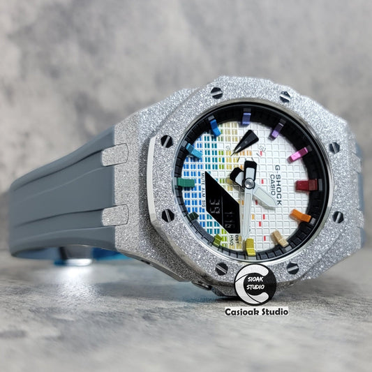 Casioak Mod Watch Frosted Silver Case Gray Strap Black Rainbow Time Mark Music Dial 44mm- Casioak Mod Casio G-Shock Royal Oak Custom Mens Luxury Watches Ga2100