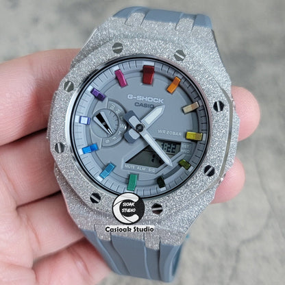 Casioak Mod Watch Frosted Silver Case Gray Strap Gray Rainbow Time Mark Gray Dial 44mm- Casioak Mod Casio G-Shock Royal Oak Custom Mens Luxury Watches Ga2100