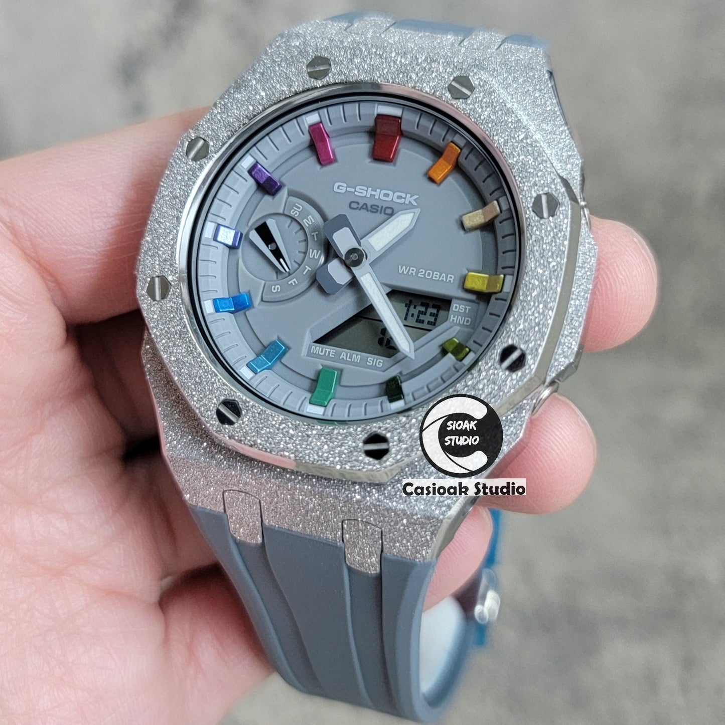 Casioak Mod Watch Frosted Silver Case Gray Strap Gray Rainbow Time Mark Gray Dial 44mm- Casioak Mod Casio G-Shock Royal Oak Custom Mens Luxury Watches Ga2100