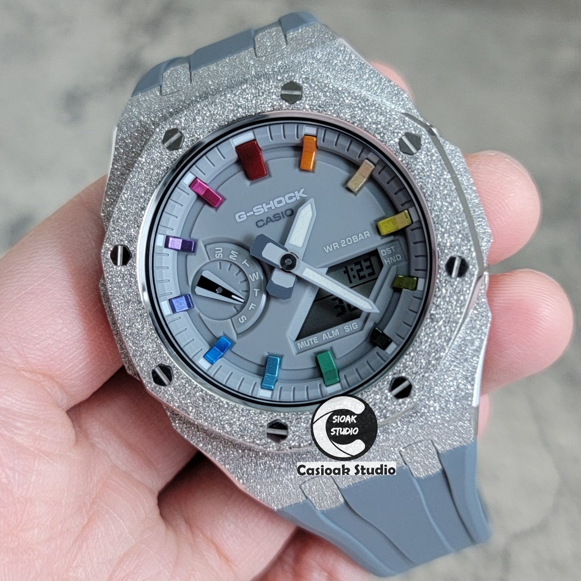 Casioak Mod Watch Frosted Silver Case Gray Strap Gray Rainbow Time Mark Gray Dial 44mm- Casioak Mod Casio G-Shock Royal Oak Custom Mens Luxury Watches Ga2100