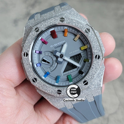 Casioak Mod Watch Frosted Silver Case Gray Strap Gray Rainbow Time Mark Gray Dial 44mm- Casioak Mod Casio G-Shock Royal Oak Custom Mens Luxury Watches Ga2100