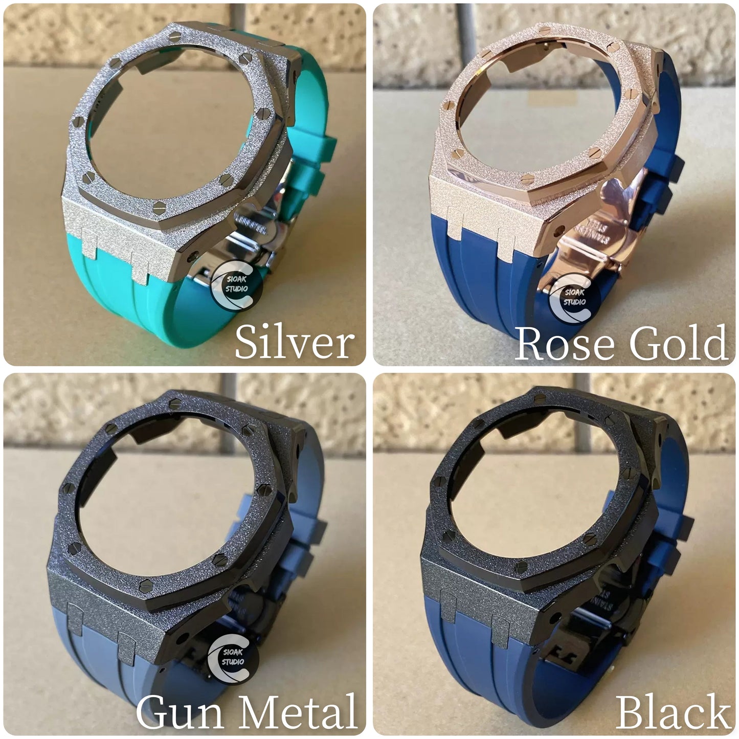 Casioak Mod Watch Frosted Silver Case Gray Strap Gray Rainbow Time Mark Gray Dial 44mm- Casioak Mod Casio G-Shock Royal Oak Custom Mens Luxury Watches Ga2100