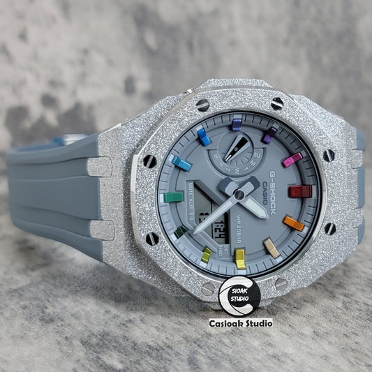 Casioak Mod Watch Frosted Silver Case Gray Strap Gray Rainbow Time Mark Gray Dial 44mm- Casioak Mod Casio G-Shock Royal Oak Custom Mens Luxury Watches Ga2100