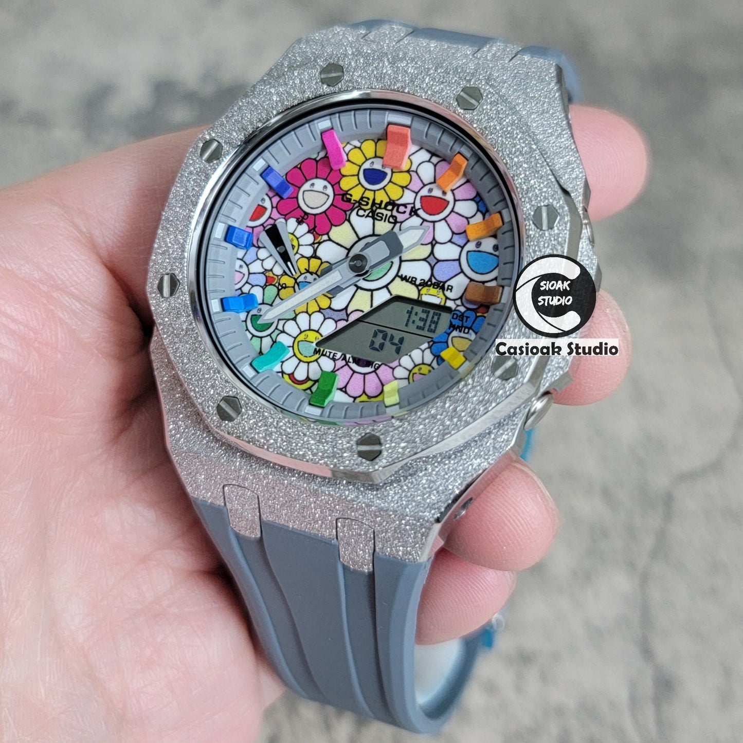 Casioak Mod Watch Frosted Silver Case Gray Strap Gray Rainbow Time Mark Takashi Murakami Dial 44mm- Casioak Mod Casio G-Shock Royal Oak Custom Mens Luxury Watches Ga2100