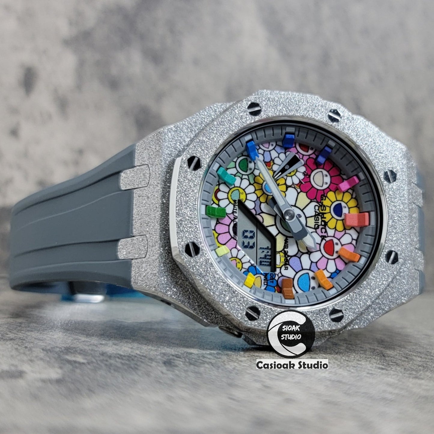 Casioak Mod Watch Frosted Silver Case Gray Strap Gray Rainbow Time Mark Takashi Murakami Dial 44mm- Casioak Mod Casio G-Shock Royal Oak Custom Mens Luxury Watches Ga2100