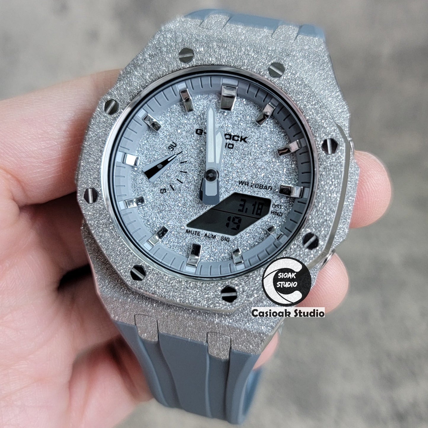 Casioak Mod Watch Frosted Silver Case Gray Strap Gray Silver Time Mark Starry Silver Dial 44mm- Casioak Mod Casio G-Shock Royal Oak Custom Mens Luxury Watches Ga2100