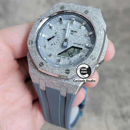 Casioak Mod Watch Frosted Silver Case Gray Strap Gray Silver Time Mark Starry Silver Dial 44mm- Casioak Mod Casio G-Shock Royal Oak Custom Mens Luxury Watches Ga2100