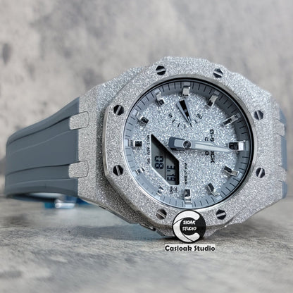 Casioak Mod Watch Frosted Silver Case Gray Strap Gray Silver Time Mark Starry Silver Dial 44mm- Casioak Mod Casio G-Shock Royal Oak Custom Mens Luxury Watches Ga2100