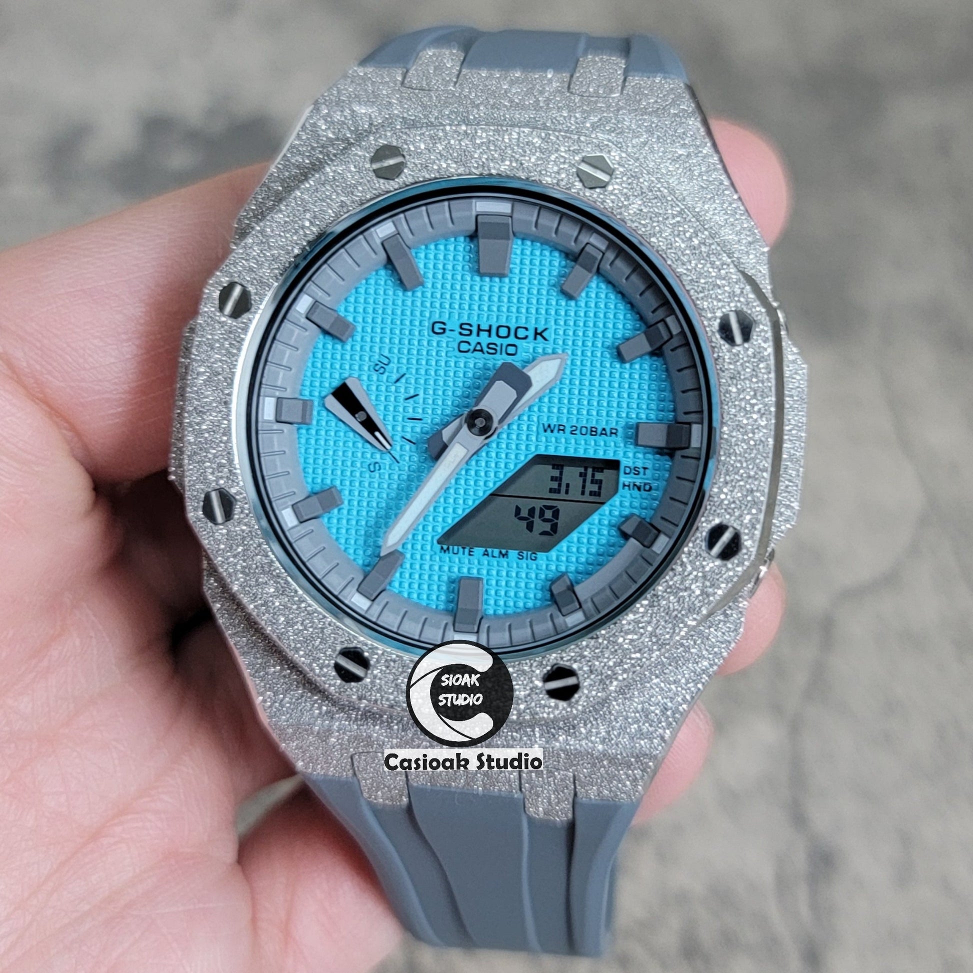 Casioak Mod Watch Frosted Silver Case Gray Strap Gray Time Mark Tiff Blue Dial 44mm- Casioak Mod Casio G-Shock Royal Oak Custom Mens Luxury Watches Ga2100