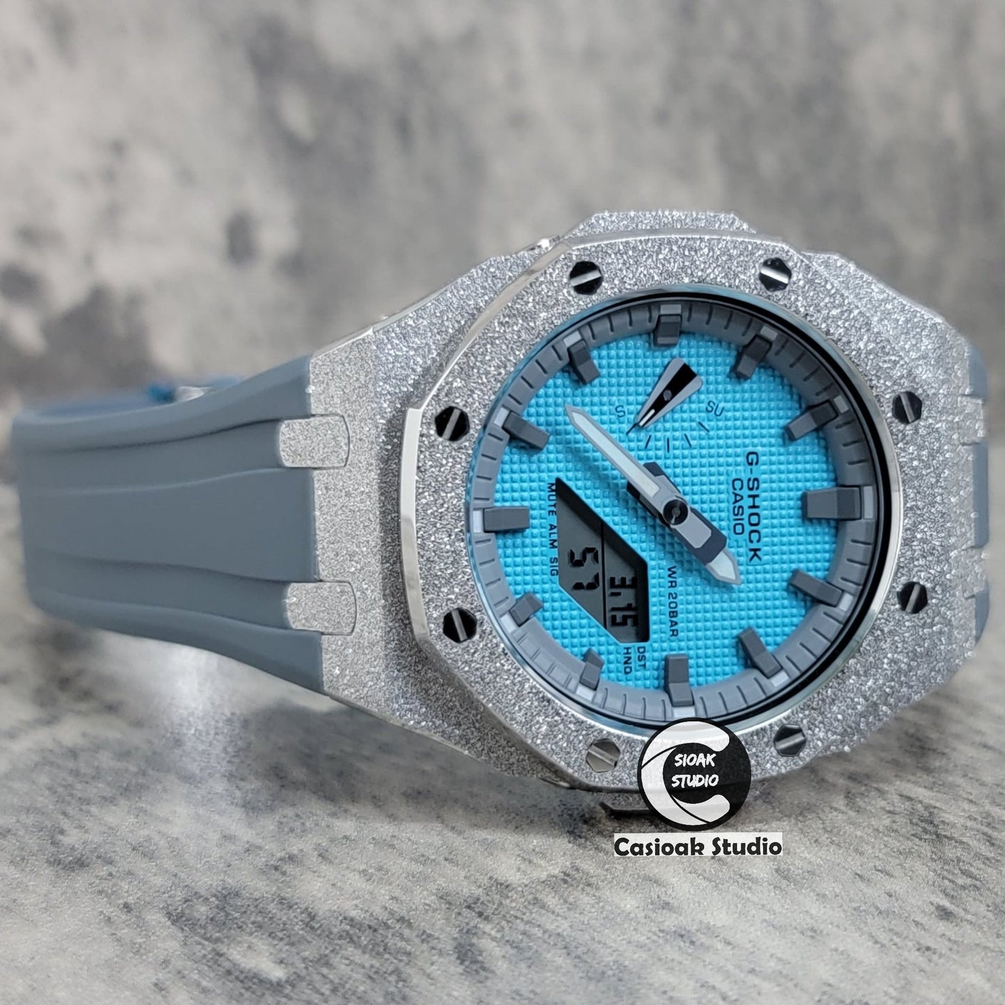 Casioak Mod Watch Frosted Silver Case Gray Strap Gray Time Mark Tiff Blue Dial 44mm- Casioak Mod Casio G-Shock Royal Oak Custom Mens Luxury Watches Ga2100