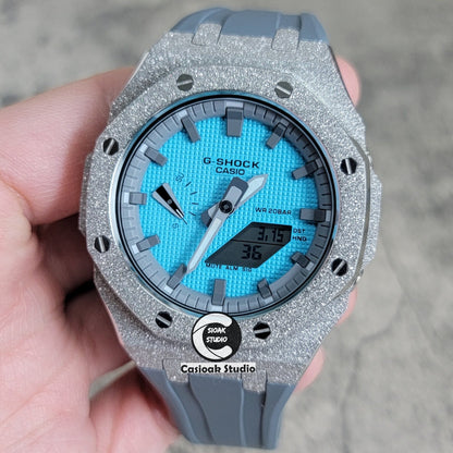 Casioak Mod Watch Frosted Silver Case Gray Strap Gray Time Mark Tiff Blue Dial 44mm- Casioak Mod Casio G-Shock Royal Oak Custom Mens Luxury Watches Ga2100