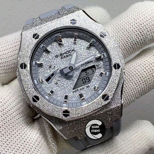 Casioak Mod Watch Frosted Silver Case Grey Strap Grey Silver Time Mark Silver Grey Dial 44mm  Men- Casioak Mod Casio G-Shock Royal Oak Custom Mens Luxury Watches Ga2100