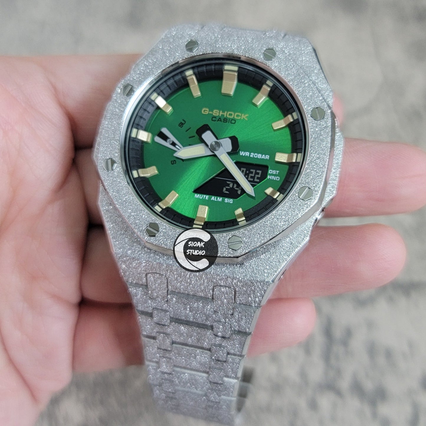 Casioak Mod Watch Frosted Silver Case Metal Strap Black Gold Time Mark Green Dial 44mm- Casioak Mod Casio G-Shock Royal Oak Custom Mens Luxury Watches Ga2100