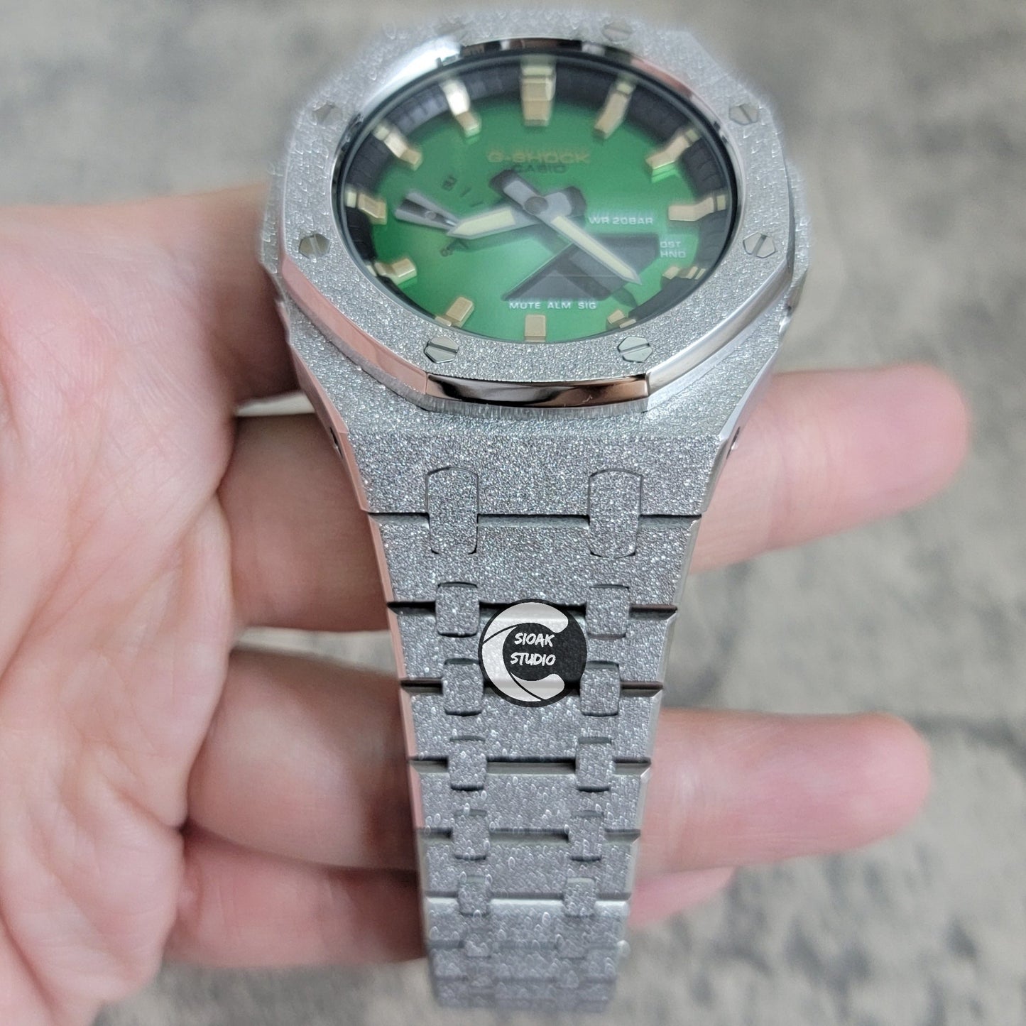 Casioak Mod Watch Frosted Silver Case Metal Strap Black Gold Time Mark Green Dial 44mm- Casioak Mod Casio G-Shock Royal Oak Custom Mens Luxury Watches Ga2100