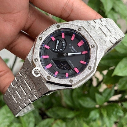 Casioak Mod Watch Frosted Silver Case Metal Strap Black Pink Time Mark Black Dial 44mm- Casioak Mod Casio G-Shock Royal Oak Custom Mens Luxury Watches Ga2100