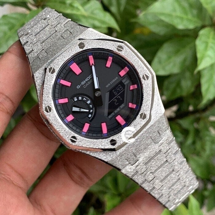 Casioak Mod Watch Frosted Silver Case Metal Strap Black Pink Time Mark Black Dial 44mm- Casioak Mod Casio G-Shock Royal Oak Custom Mens Luxury Watches Ga2100