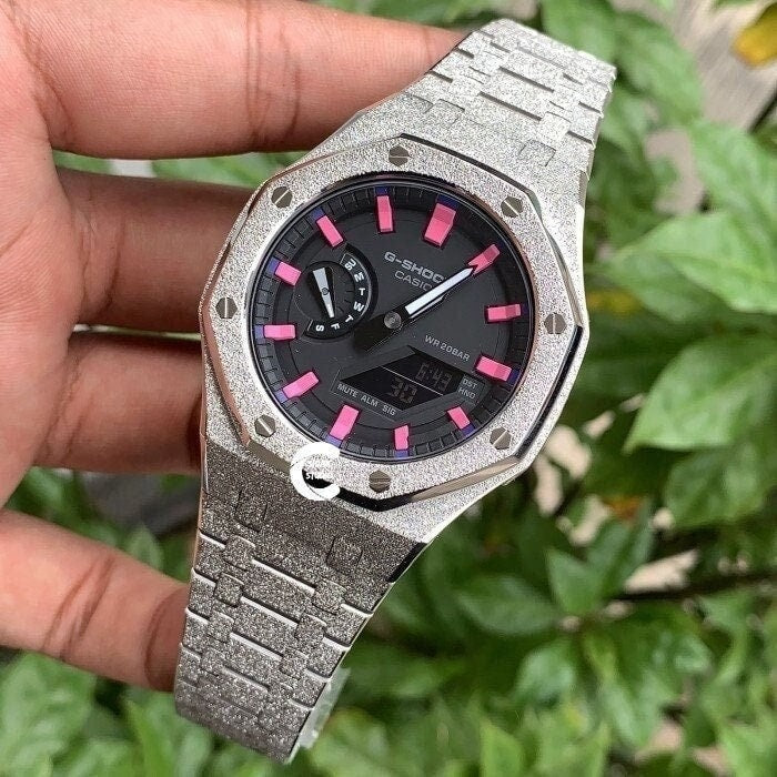 Casioak Mod Watch Frosted Silver Case Metal Strap Black Pink Time Mark Black Dial 44mm- Casioak Mod Casio G-Shock Royal Oak Custom Mens Luxury Watches Ga2100