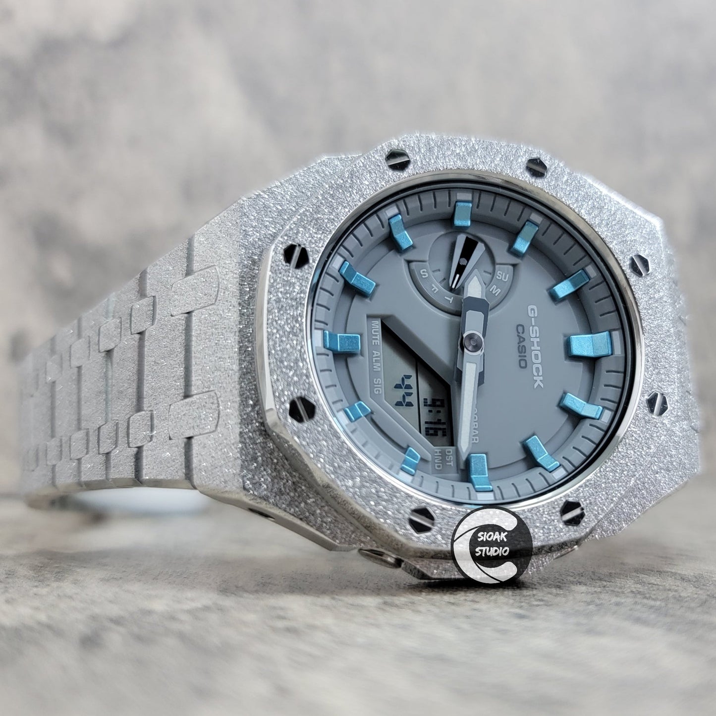 Casioak Mod Watch Frosted Silver Case Metal Strap Gray Blue Time Mark Gray Dial 44mm- Casioak Mod Casio G-Shock Royal Oak Custom Mens Luxury Watches Ga2100