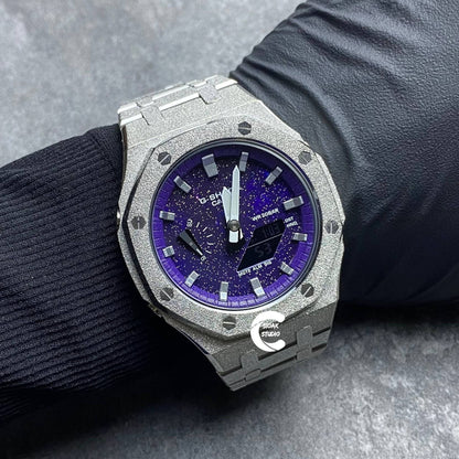 Casioak Mod Watch Frosted Silver Case Metal Strap Purple Silver Time Mark Purple Dial 44mm- Casioak Mod Casio G-Shock Royal Oak Custom Mens Luxury Watches Ga2100