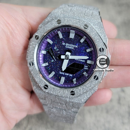 Casioak Mod Watch Frosted Silver Case Metal Strap Purple Silver Time Mark Purple Dial 44mm- Casioak Mod Casio G-Shock Royal Oak Custom Mens Luxury Watches Ga2100