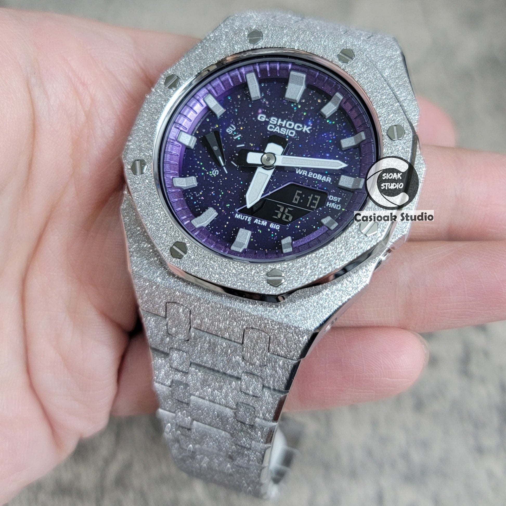 Casioak Mod Watch Frosted Silver Case Metal Strap Purple Silver Time Mark Purple Dial 44mm- Casioak Mod Casio G-Shock Royal Oak Custom Mens Luxury Watches Ga2100