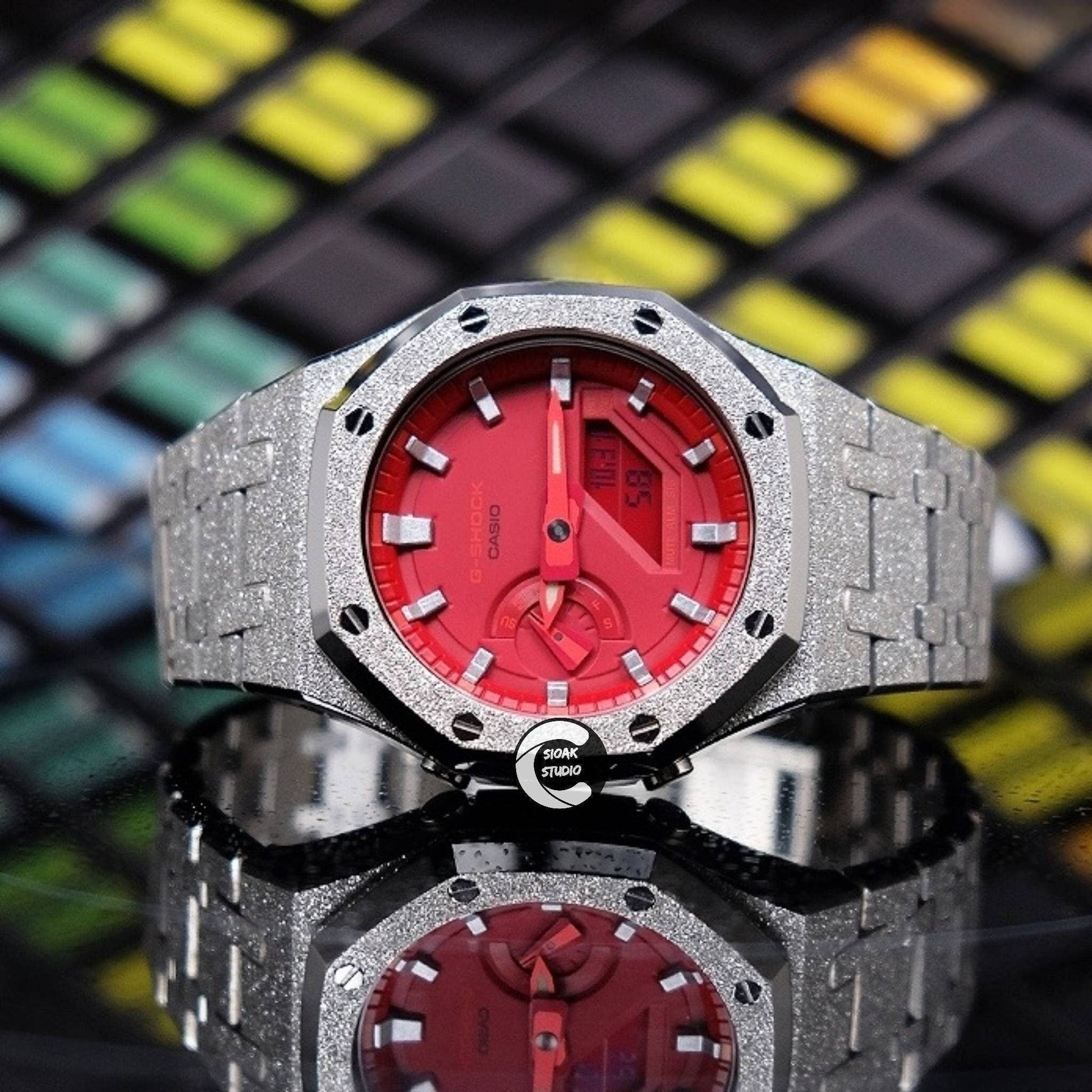 Casioak Mod Watch Frosted Silver Case Metal Strap Red Silver Time Mark Red Dial 44mm- Casioak Mod Casio G-Shock Royal Oak Custom Mens Luxury Watches Ga2100