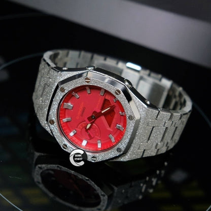 Casioak Mod Watch Frosted Silver Case Metal Strap Red Silver Time Mark Red Dial 44mm- Casioak Mod Casio G-Shock Royal Oak Custom Mens Luxury Watches Ga2100