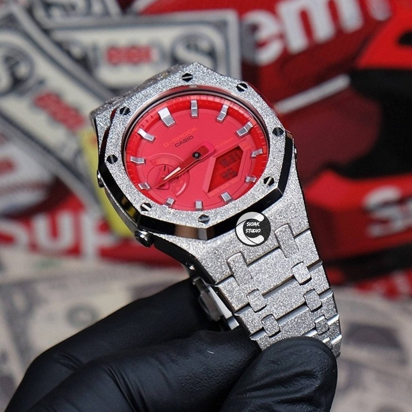 Casioak Mod Watch Frosted Silver Case Metal Strap Red Silver Time Mark Red Dial 44mm- Casioak Mod Casio G-Shock Royal Oak Custom Mens Luxury Watches Ga2100