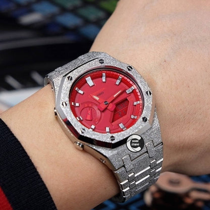 Casioak Mod Watch Frosted Silver Case Metal Strap Red Silver Time Mark Red Dial 44mm- Casioak Mod Casio G-Shock Royal Oak Custom Mens Luxury Watches Ga2100