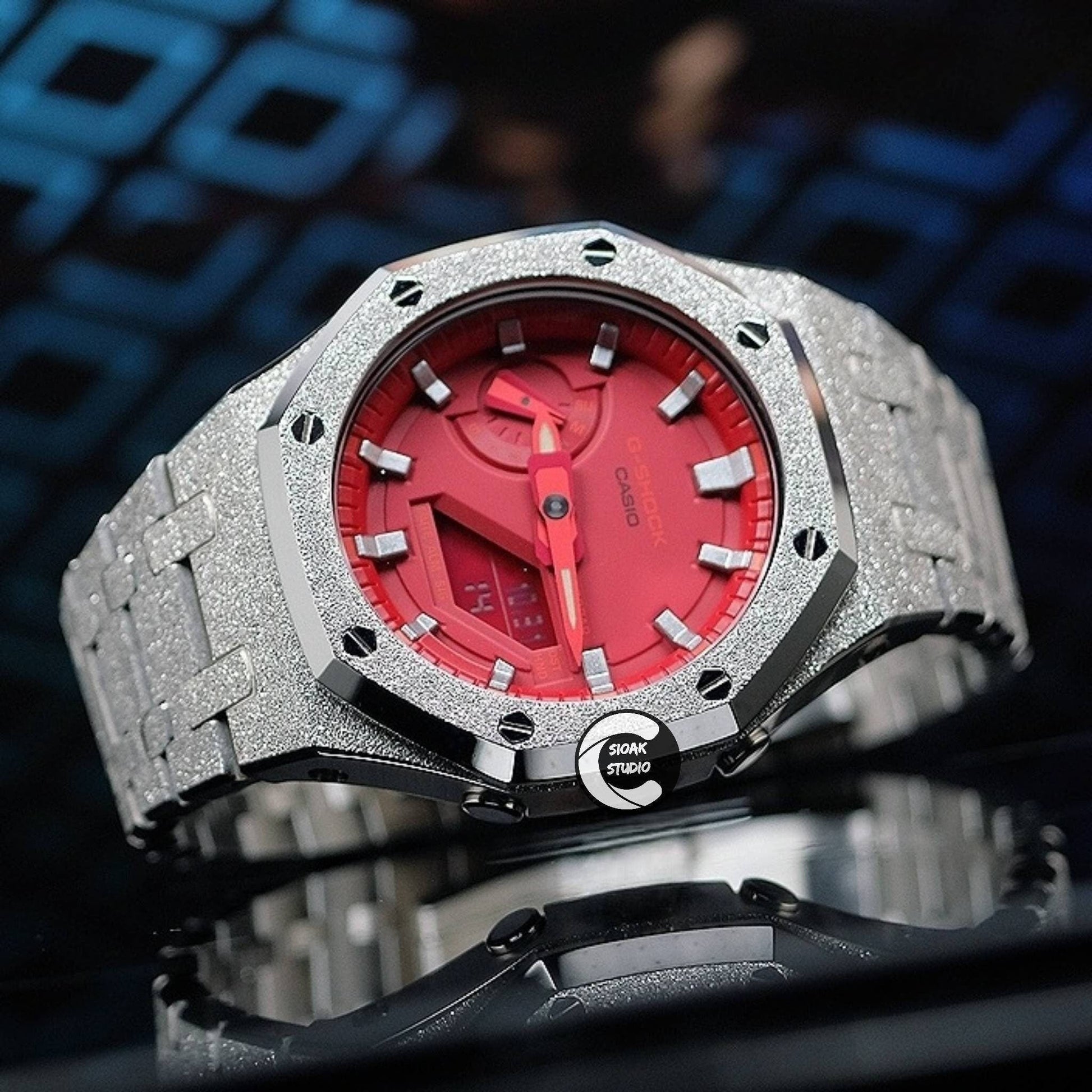 Casioak Mod Watch Frosted Silver Case Metal Strap Red Silver Time Mark Red Dial 44mm- Casioak Mod Casio G-Shock Royal Oak Custom Mens Luxury Watches Ga2100