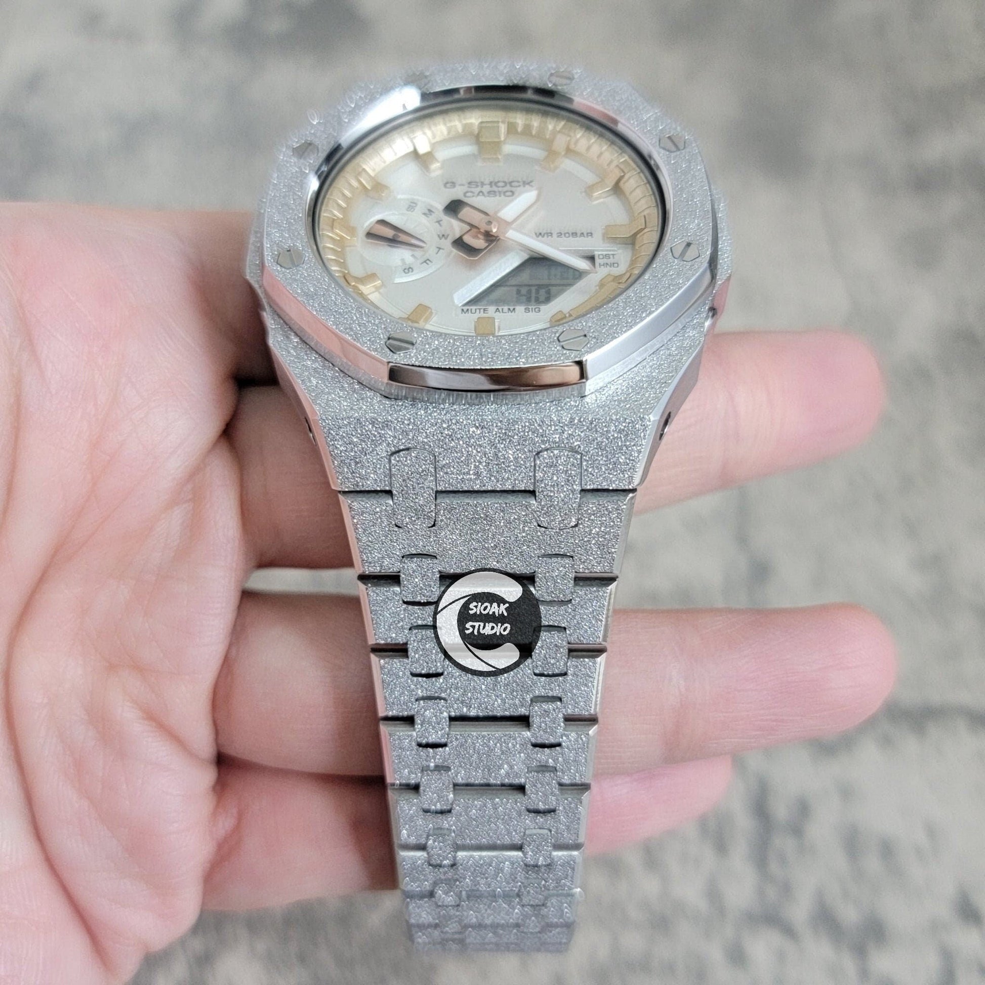 Casioak Mod Watch Frosted Silver Case Metal Strap Rise Gold Time Mark Silver Dial 44mm- Casioak Mod Casio G-Shock Royal Oak Custom Mens Luxury Watches Ga2100