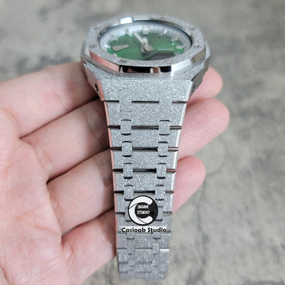 Casioak Mod Watch Frosted Silver Case Metal Strap Silver Time Mark Green Dial 44mm- Casioak Mod Casio G-Shock Royal Oak Custom Mens Luxury Watches Ga2100