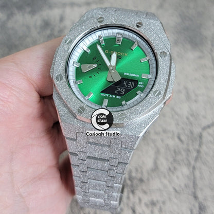 Casioak Mod Watch Frosted Silver Case Metal Strap Silver Time Mark Green Dial 44mm- Casioak Mod Casio G-Shock Royal Oak Custom Mens Luxury Watches Ga2100