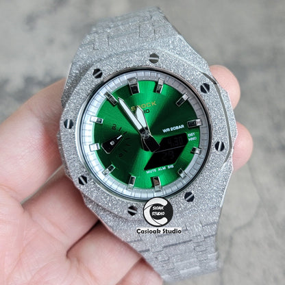 Casioak Mod Watch Frosted Silver Case Metal Strap Silver Time Mark Green Dial 44mm- Casioak Mod Casio G-Shock Royal Oak Custom Mens Luxury Watches Ga2100