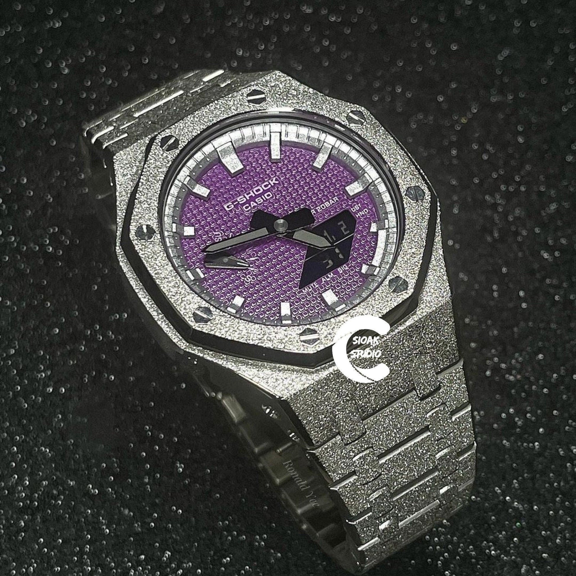 Casioak Mod Watch Frosted Silver Case Metal Strap Silver Time Mark Purple Dial 44mm- Casioak Mod Casio G-Shock Royal Oak Custom Mens Luxury Watches Ga2100