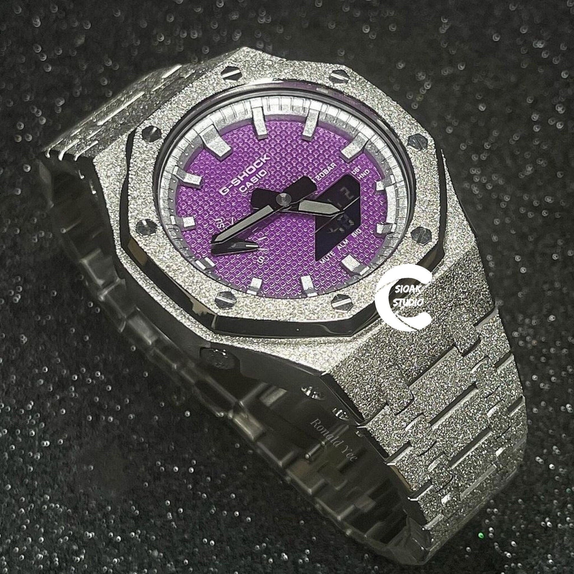 Casioak Mod Watch Frosted Silver Case Metal Strap Silver Time Mark Purple Dial 44mm- Casioak Mod Casio G-Shock Royal Oak Custom Mens Luxury Watches Ga2100