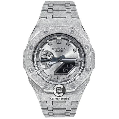 Casioak Mod Watch Frosted Silver Case Metal Strap Silver Time Mark Silver Dial 44mm- Casioak Mod Casio G-Shock Royal Oak Custom Mens Luxury Watches Ga2100