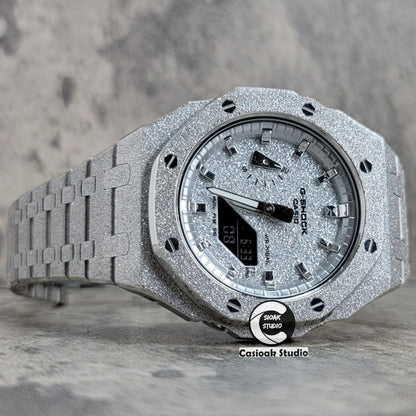 Casioak Mod Watch Frosted Silver Case Metal Strap Silver Time Mark Starry Silver Dial 44mm- Casioak Mod Casio G-Shock Royal Oak Custom Mens Luxury Watches Ga2100