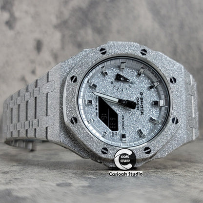 Casioak Mod Watch Frosted Silver Case Metal Strap Silver Time Mark Starry Silver Dial 44mm- Casioak Mod Casio G-Shock Royal Oak Custom Mens Luxury Watches Ga2100