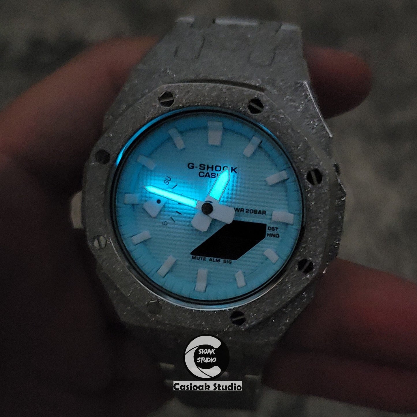 Casioak Mod Watch Frosted Silver Case Metal Strap Tiff White Time Mark Tiff Blue Dial 44mm- Casioak Mod Casio G-Shock Royal Oak Custom Mens Luxury Watches Ga2100