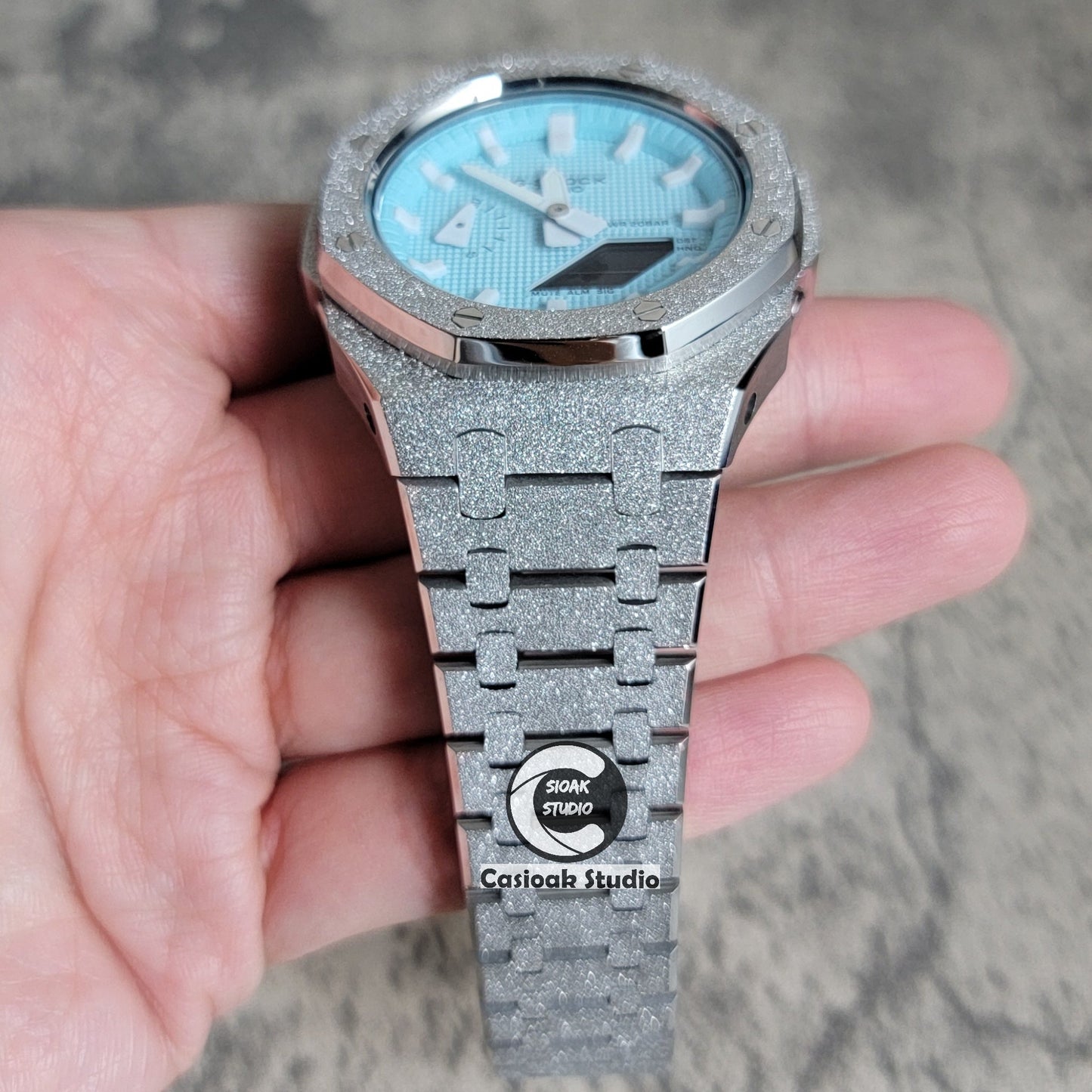 Casioak Mod Watch Frosted Silver Case Metal Strap Tiff White Time Mark Tiff Blue Dial 44mm- Casioak Mod Casio G-Shock Royal Oak Custom Mens Luxury Watches Ga2100