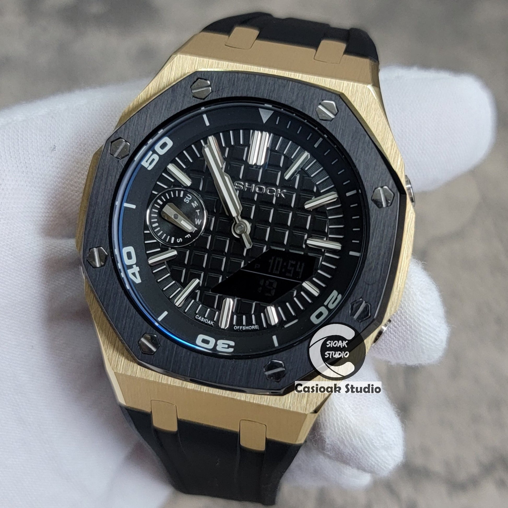 Casioak Mod Watch Gold Black Case Black Rubber Strap Strap Black Time Mark Black Dial 44mm Sapphire Crystal- Casioak Mod Casio G-Shock Royal Oak Custom Mens Luxury Watches Ga2100