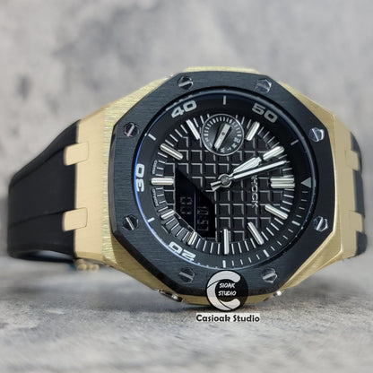 Casioak Mod Watch Gold Black Case Black Rubber Strap Strap Black Time Mark Black Dial 44mm Sapphire Crystal- Casioak Mod Casio G-Shock Royal Oak Custom Mens Luxury Watches Ga2100