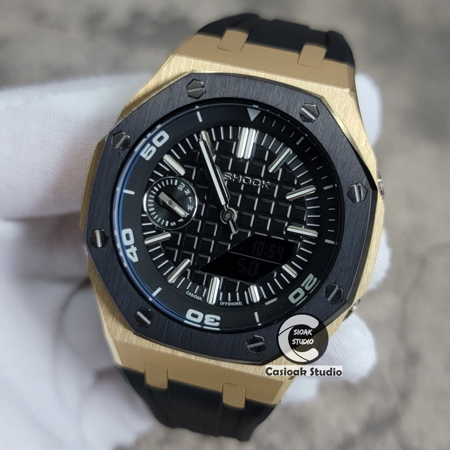 Casioak Mod Watch Gold Black Case Black Rubber Strap Strap Black Time Mark Black Dial 44mm Sapphire Crystal- Casioak Mod Casio G-Shock Royal Oak Custom Mens Luxury Watches Ga2100