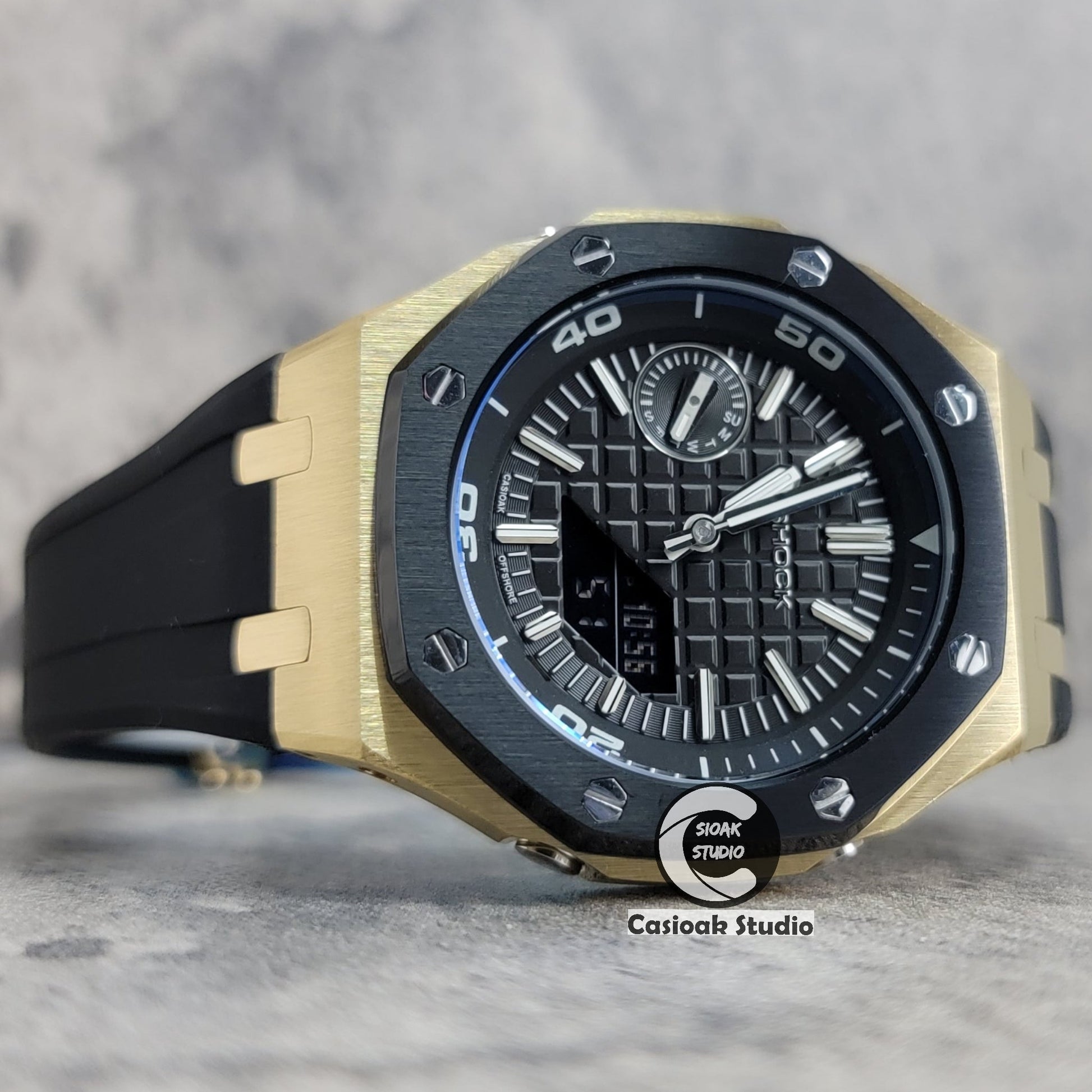 Casioak Mod Watch Gold Black Case Black Rubber Strap Strap Black Time Mark Black Dial 44mm Sapphire Crystal- Casioak Mod Casio G-Shock Royal Oak Custom Mens Luxury Watches Ga2100